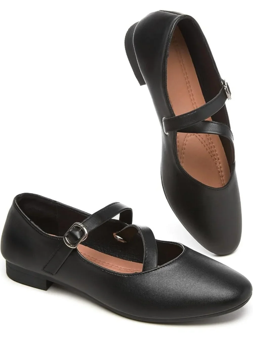 Women's All Black Mary Janes with Cross Strap Soft Memory Foam Flats Shoes